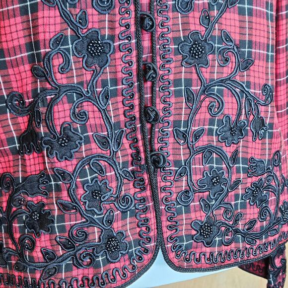 Vintage Sarah‎ Elizabeth Red/Black/White Plaid Floral Embroidered Jacket Size 8 - Picture 4 of 8